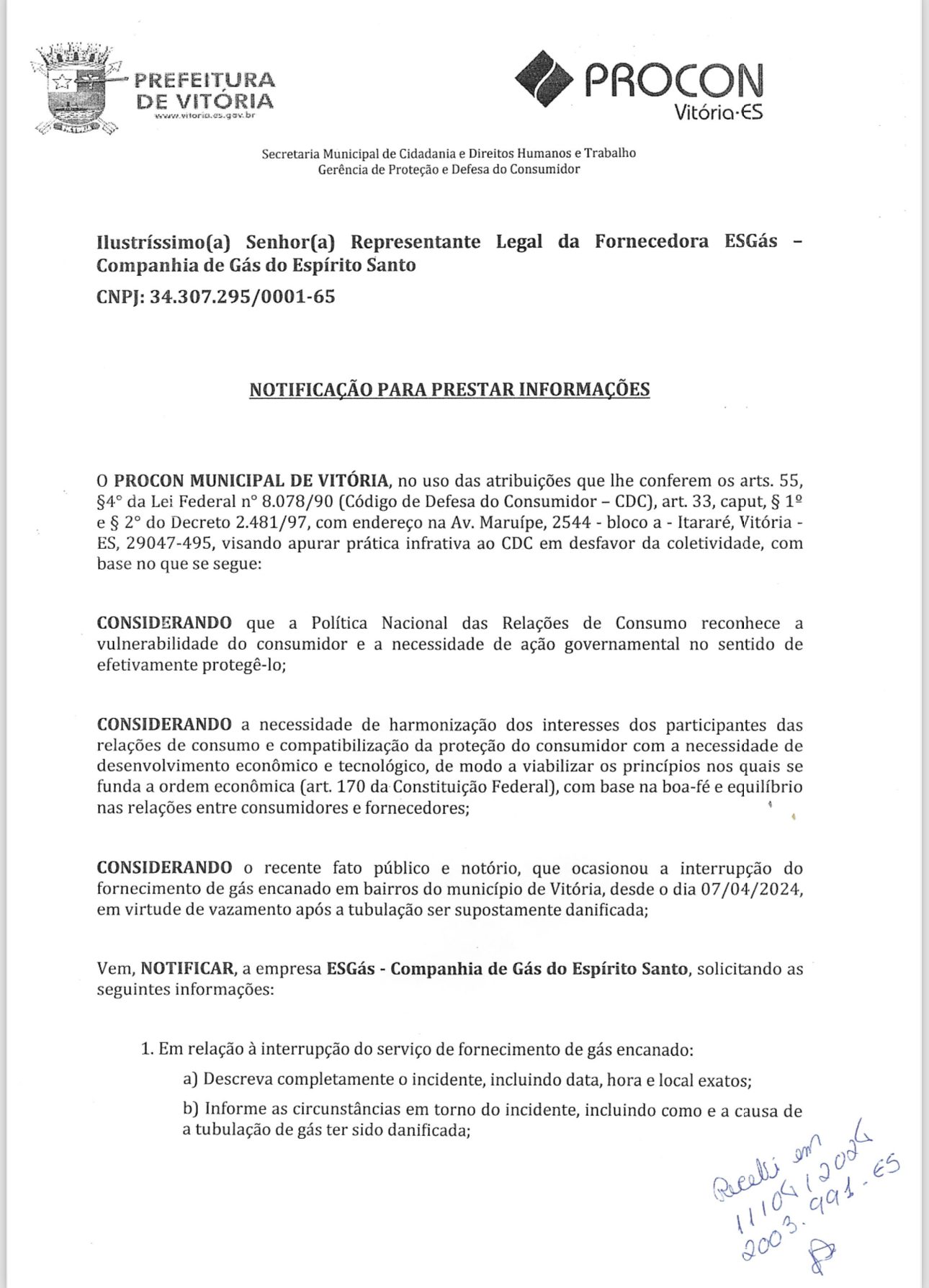 Procon de Vitória notifica empresa após interrupção do serviço de gás